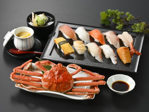 【名古屋発】福井県越前で茹でカニ丸ごと1杯付き握り寿司10貫御膳＆新オープン！敦賀かにファクトリー＆一乗谷朝倉氏遺跡復原町並1