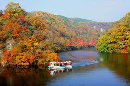 【JR広島駅発】紅葉の帝釈峡・神龍湖クルーズと秋の味覚・りんご狩り　日帰り