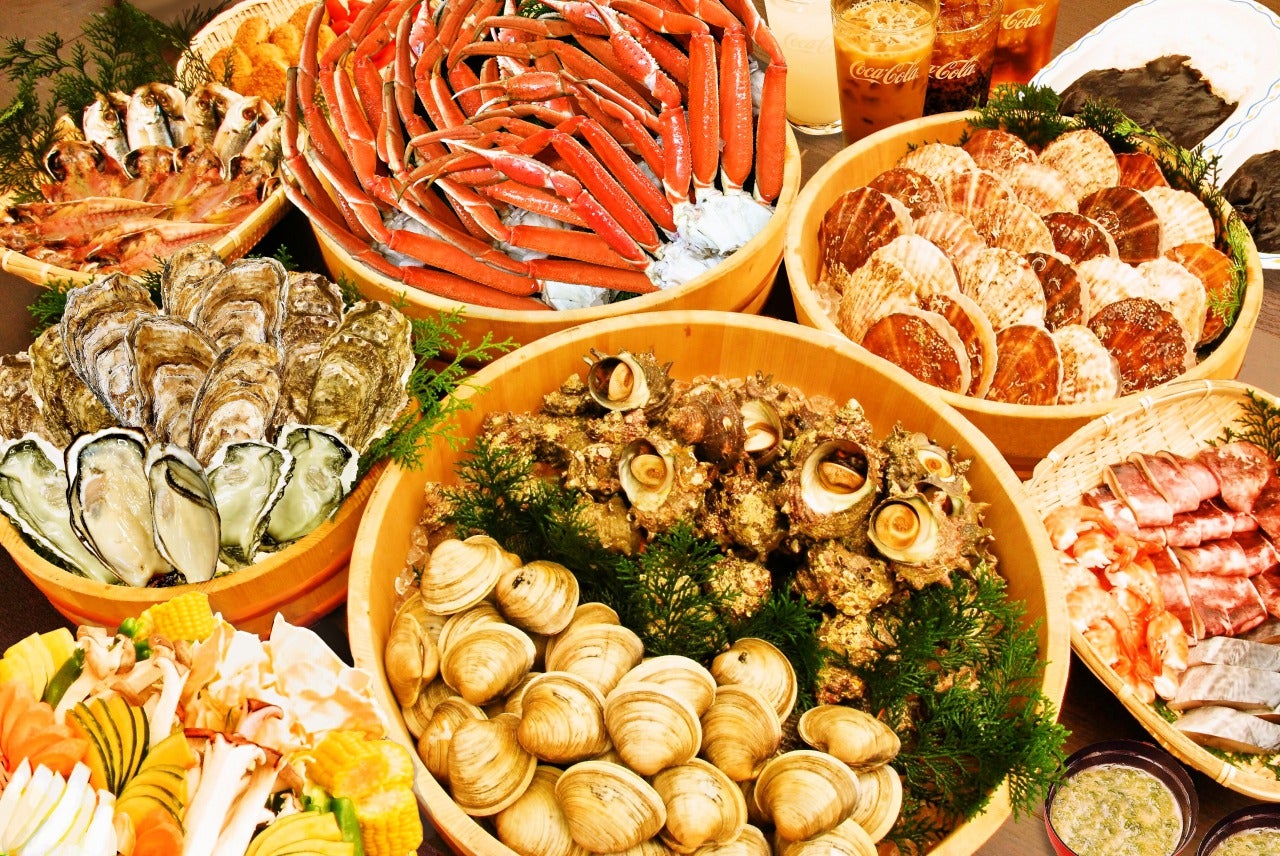 三河湾 ズワイ蟹＆エビ・牡蠣・ホタテ・さざえ 海鮮浜焼き食べ放題！さらに季節のスイーツも食べ放題！1