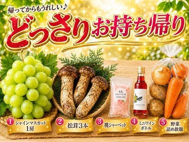 ■【山梨】オリオンツアー５０周年謝恩♪＜第2弾＞秋のどっさり山梨！旬のフルーツ「ぶどう狩り」園内食べ放題に野菜の詰め放題！さらに『シャインマスカット＆松茸』などのお持ち帰り付き♪