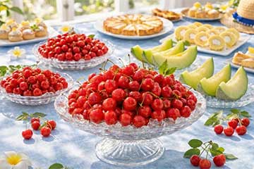【さいたま新都心発】初夏の贅沢さくらんぼ＆芳醇メロン食べ放題と５種のスイーツ食べ放題！と大人気の桃狩りも食べ放題！のミステリー！さらに日帰り３食付き旅フルコース！1