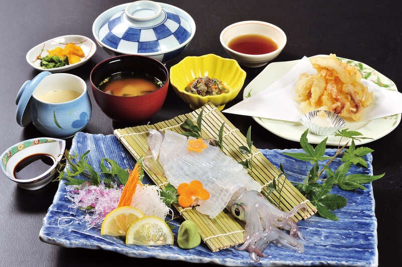 【小倉・引野口発】 国の名勝庭園 九年庵＆旧知事公舎 中之小路賓館　春の一般公開といけす料理店で味わう新鮮イカの活き造り御膳 　日帰り1