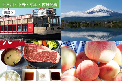 【上三川・下野・小山・佐野発着】どどん!とビーフステーキを食す お土産付き桃狩りと河口湖で人気の絶景遊覧船「天晴」【昼食付】