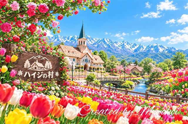 ■オリオンツアー５０周年記念第１０弾！岐阜名古屋発春爛漫チューリップ祭り開催中ハイジの村で山梨の郷土料理のランチバイキングともぎたてフレッシュいちご狩り３０分ヘ行く日帰りバスツアー信玄餅つめ放題付き！3
